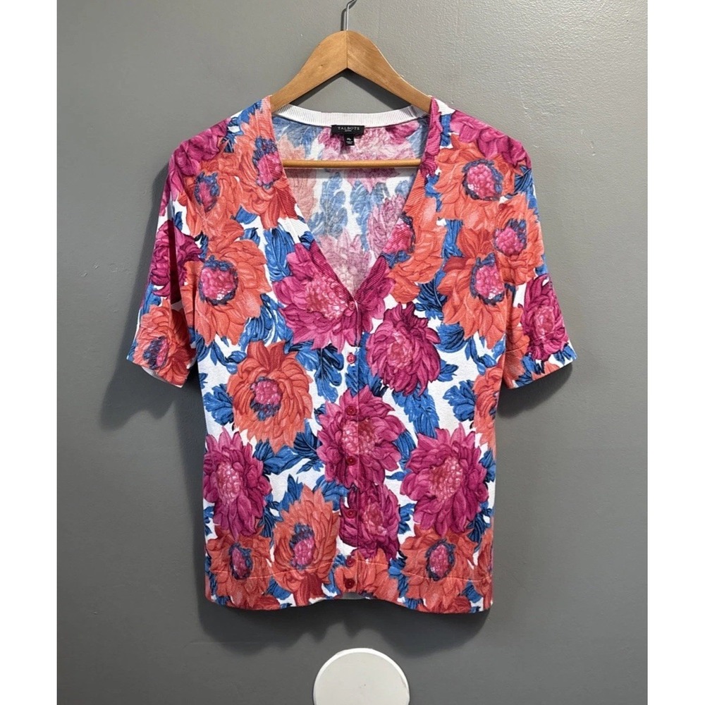 Talbots Floral V-Neck Button-Up Cardigan Sweater Womens Mp Petite M Short Sleeve